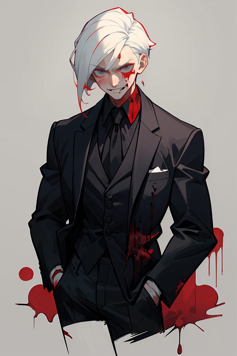 (best quality, masterpiece), 1boy, upper body, injury, blood splatter, blood, formal, looking down, looking at viewer, whi...